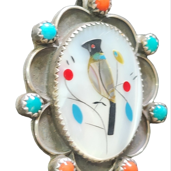 Vintage Sterling Bird Inlay Brooch Pendant with Turquoise and Coral Accents - Picture 3 of 7